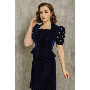 Vintage 30s Fashion Originators Guild Label Cobalt Blue Silk Velvet Peplum Dress